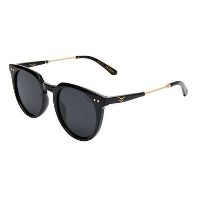 Black sunglasses with gold accents on a white background.
BLACK / SMOKE POLARIZED LENS