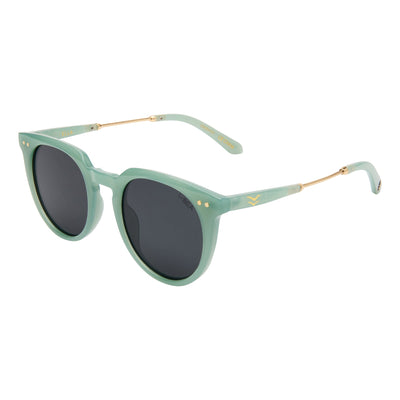 Green sunglasses with dark lenses on a white background.
SAGE / SMOKE POLARIZED LENS