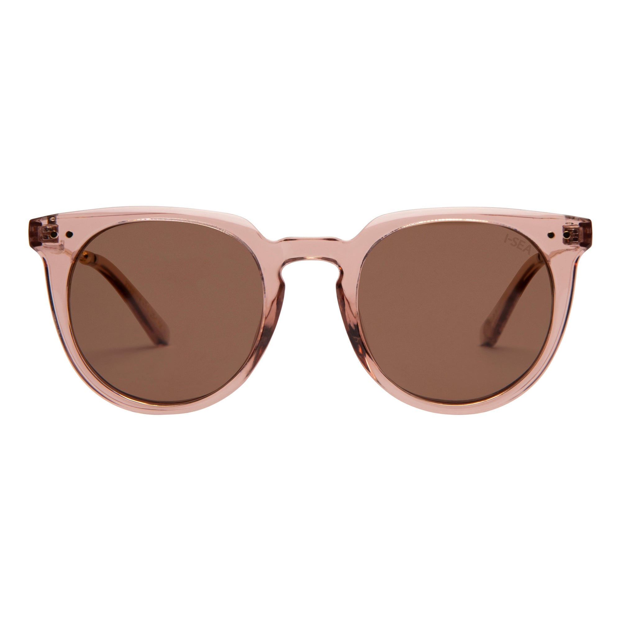 Pink sunglasses with brown lenses on a white background.
WATERMELON / BROWN POLARIZED LENS