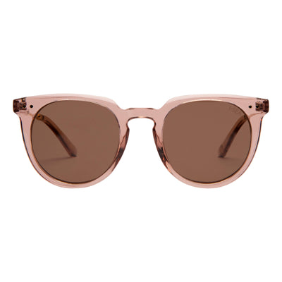 Pink sunglasses with brown lenses on a white background.
WATERMELON / BROWN POLARIZED LENS