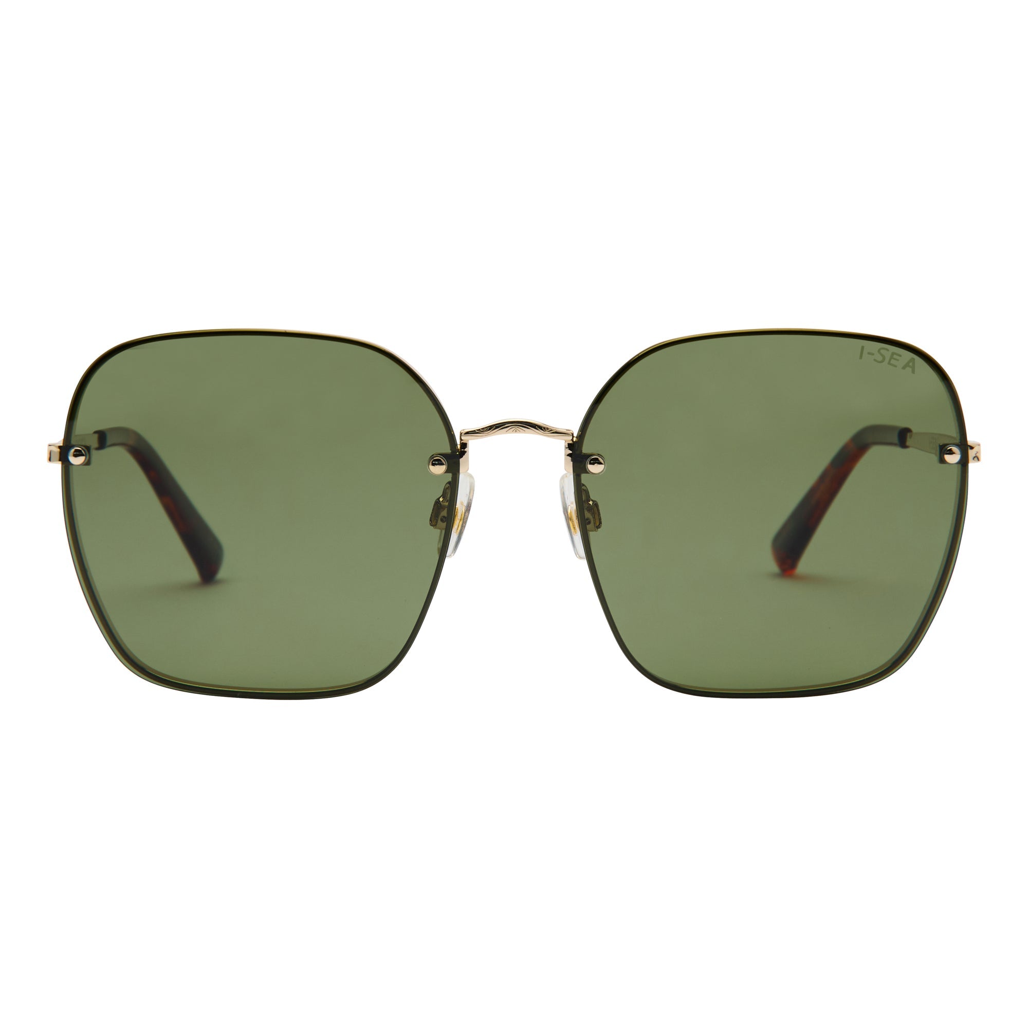 Sunglasses with green lenses and gold frame on a white background.
GOLD / GREEN POLARIZED LENS