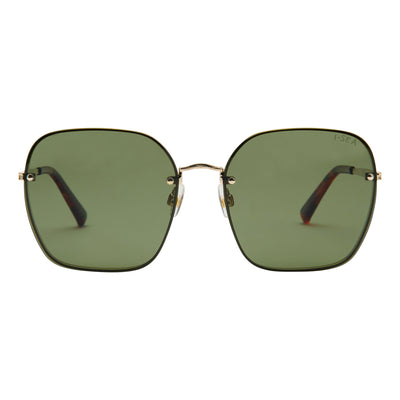 Sunglasses with green lenses and gold frame on a white background.
GOLD / GREEN POLARIZED LENS