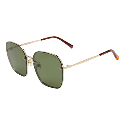 Sunglasses with gold frame and green lenses on a white background.
GOLD / GREEN POLARIZED LENS