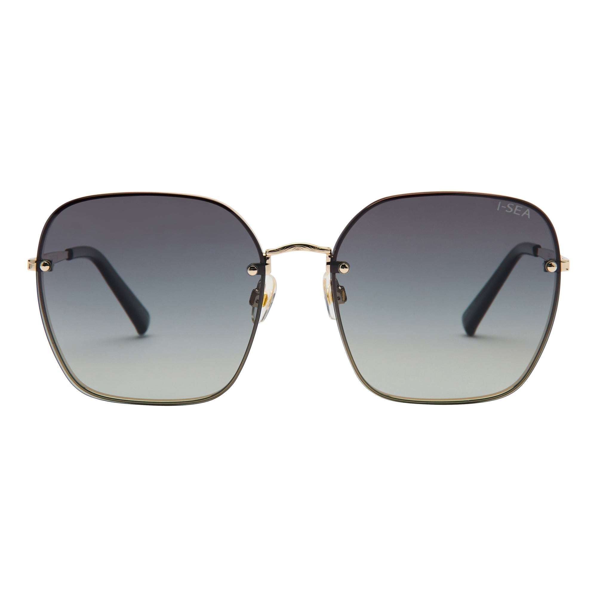 Sunglasses with gold frame and dark gradient lenses on a white background.
GOLD / SMOKE GRADIENT POLARIZED LENS