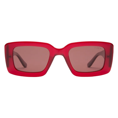Red sunglasses with brown lenses on a white background.
RASPBERRY / PLUM POLARIZED LENS