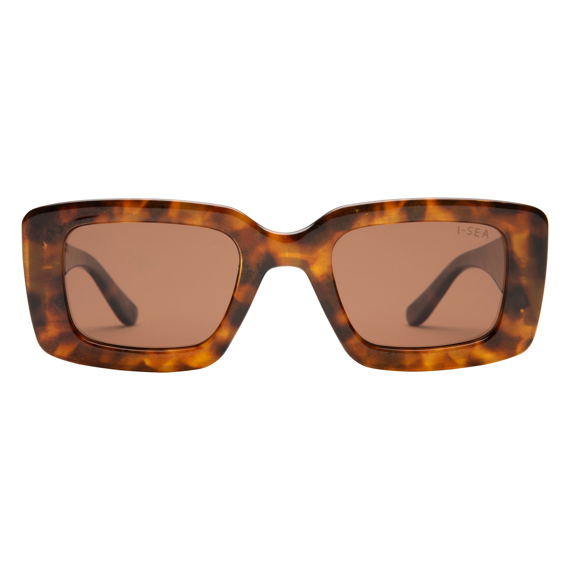 Sunglasses with tortoiseshell frame and brown lenses on a white background.
TORT / BROWN POLARIZED LENS