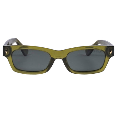 Sunglasses with green frame and dark lenses on a white background.
OLIVE / GREEN POLARIZED LENS