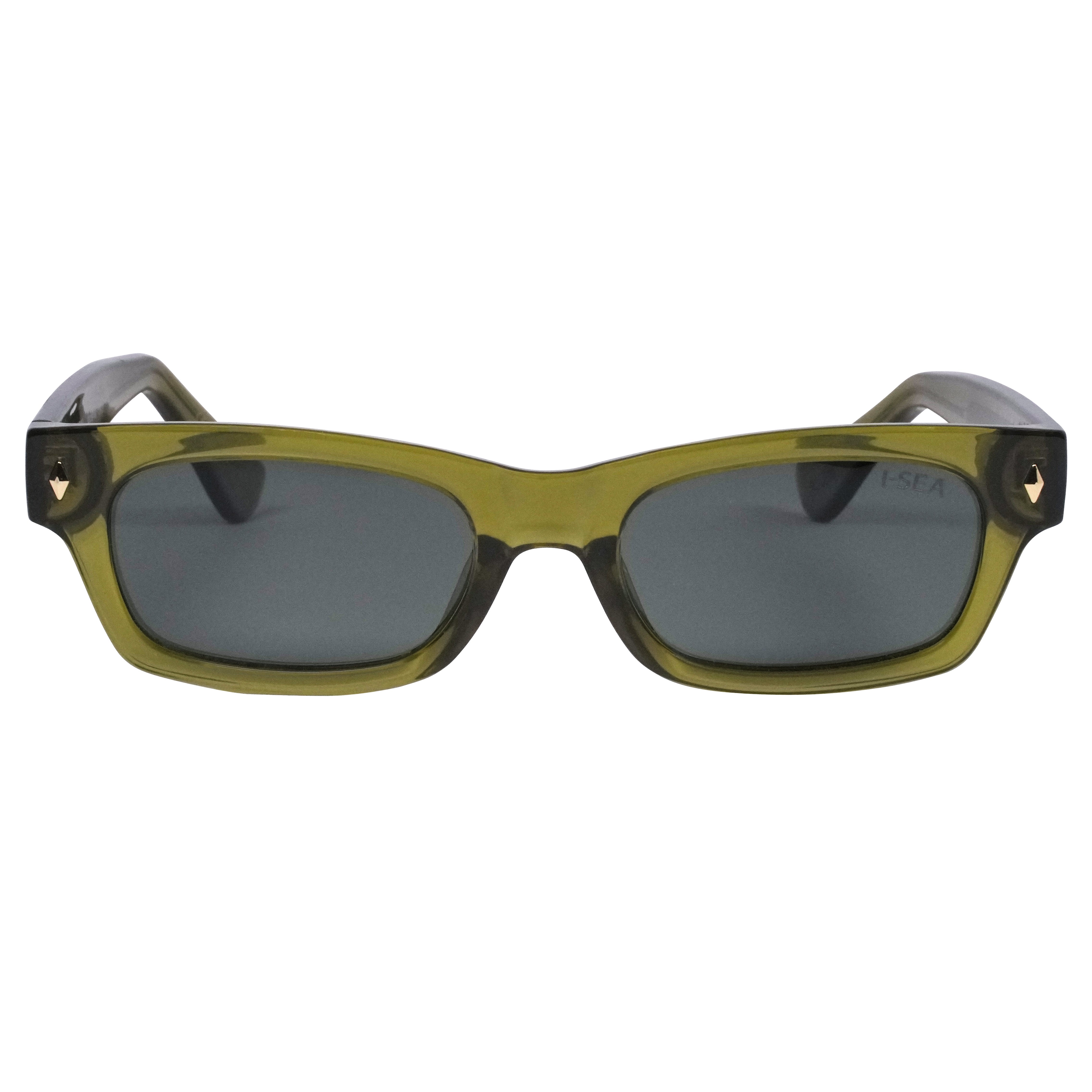 Sunglasses with green frame and dark lenses on a white background.
OLIVE / GREEN POLARIZED LENS