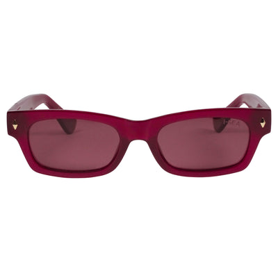 Red sunglasses with gold accents on a white background.
RASPBERRY / PLUM POLARIZED LENS