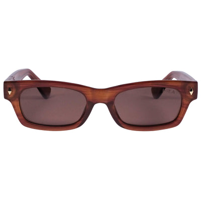 Wooden-framed sunglasses with brown lenses on a white background.
TORT / BROWN POLARIZED LENS