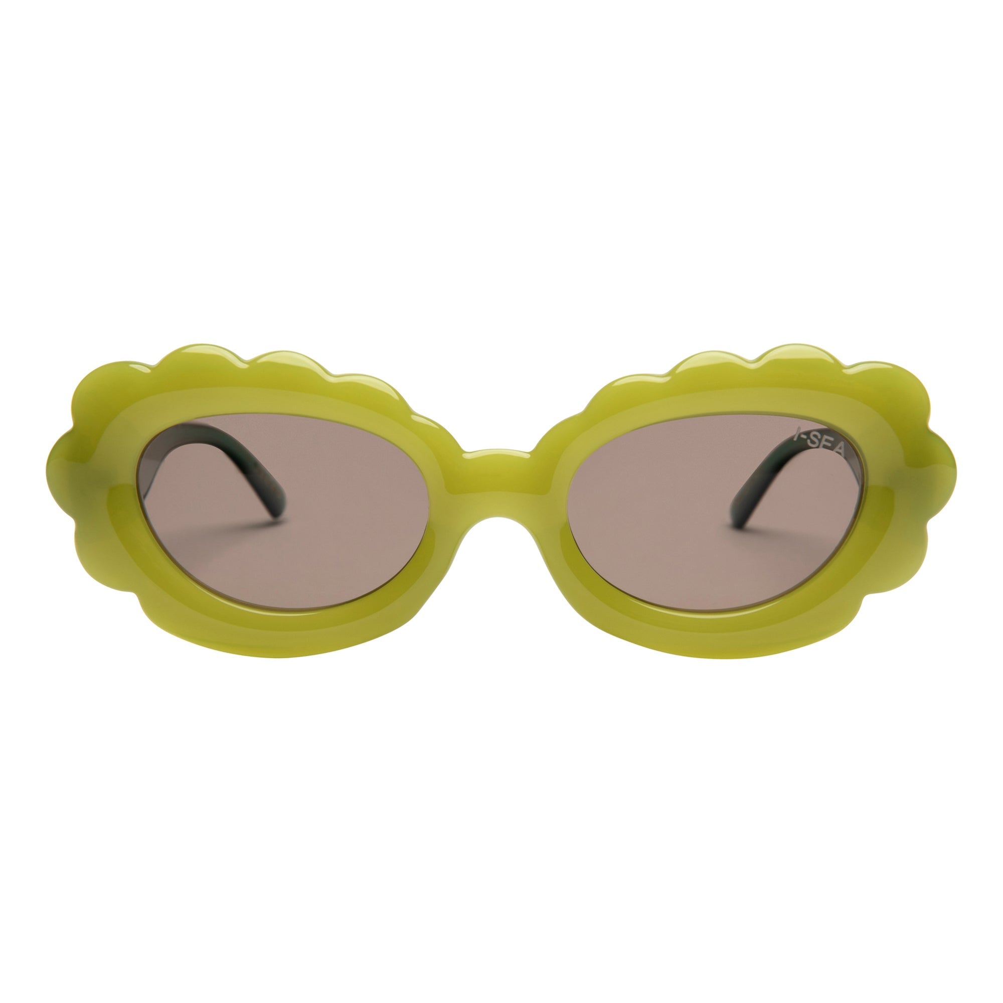 Yellow sunglasses with a unique frame design on a white background.
KIWI / TAUPE POLARIZED LENS