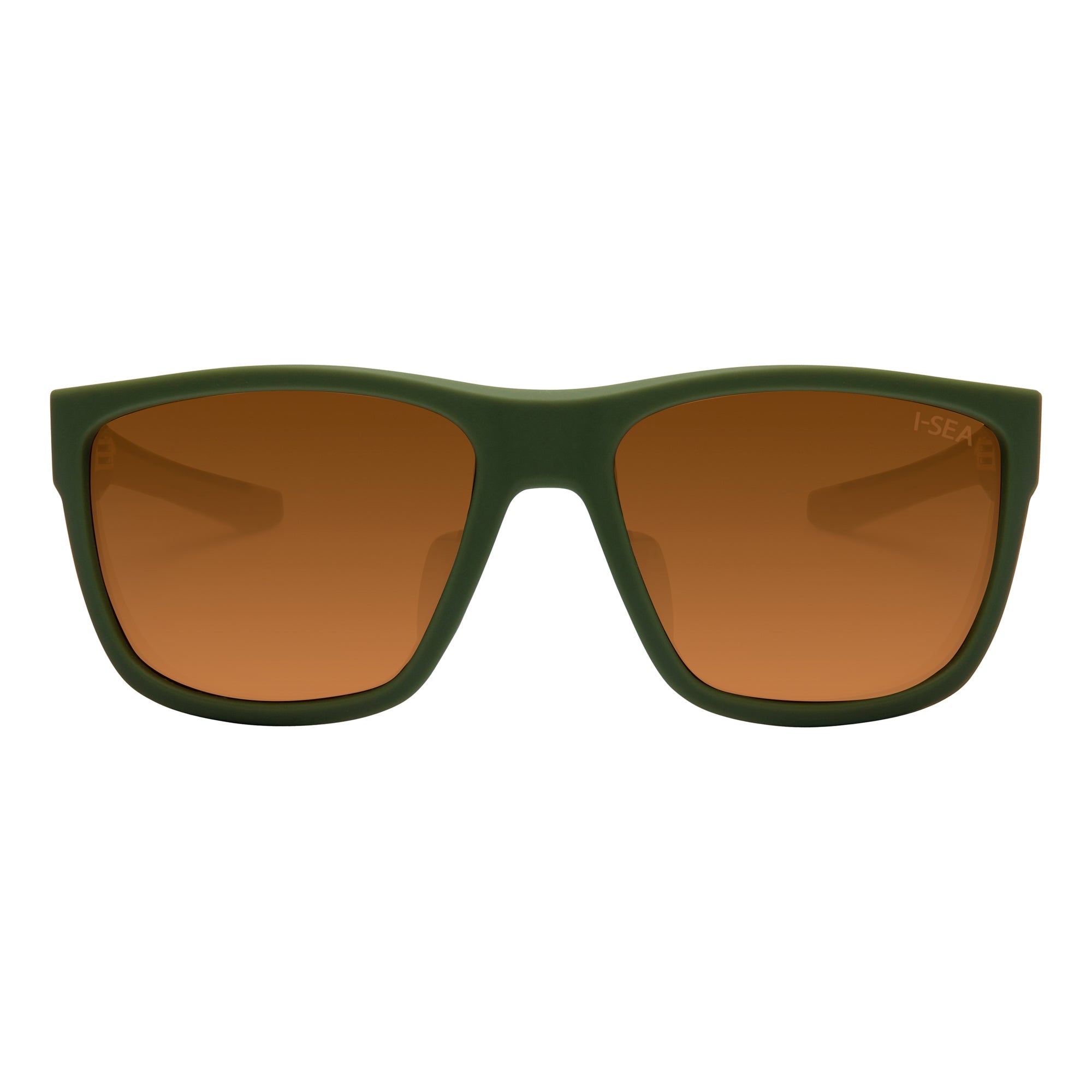 Green sunglasses with brown lenses on a white background.
OLIVE / COPPER MIRROR POLARIZED LENS