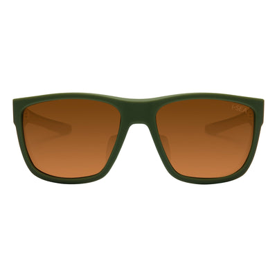 Green sunglasses with brown lenses on a white background.
OLIVE / COPPER MIRROR POLARIZED LENS