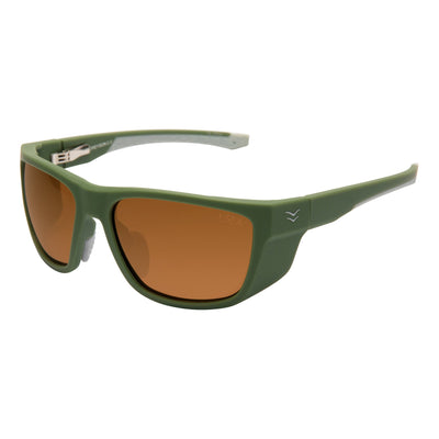 Green sunglasses with brown lenses on a white background.
OLIVE / COPPER MIRROR POLARIZED LENS