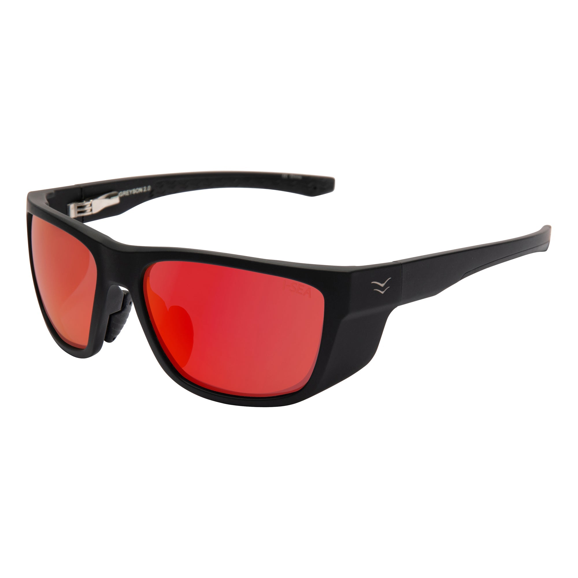 Black sunglasses with red lenses on a white background.
BLACK RUBBER / RED MIRROR POLARIZED LENS