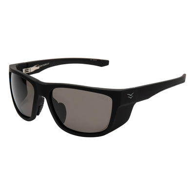 Black sunglasses with a brand logo on a white background.
BLACK RUBBER / SMOKE POLARIZED LENS