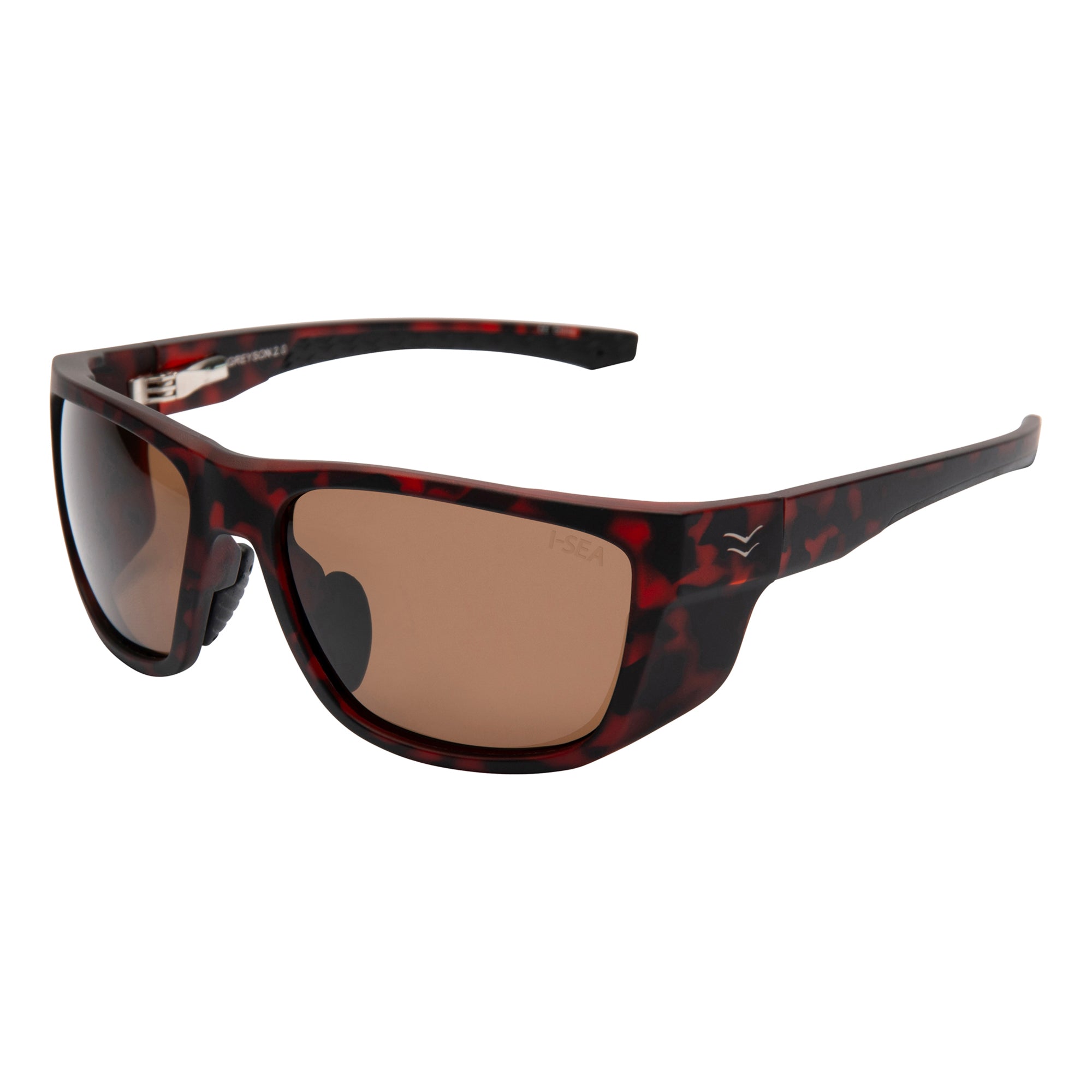 Sunglasses with red and black frame and brown lenses on a white background.
TORT RUBBER / BROWN POLARIZED LENS