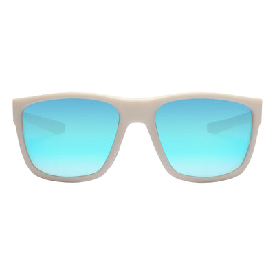 Beige sunglasses with blue-tinted lenses on a white background.
WHITE RUBBER / BLUE MIRROR POLARIZED LENS