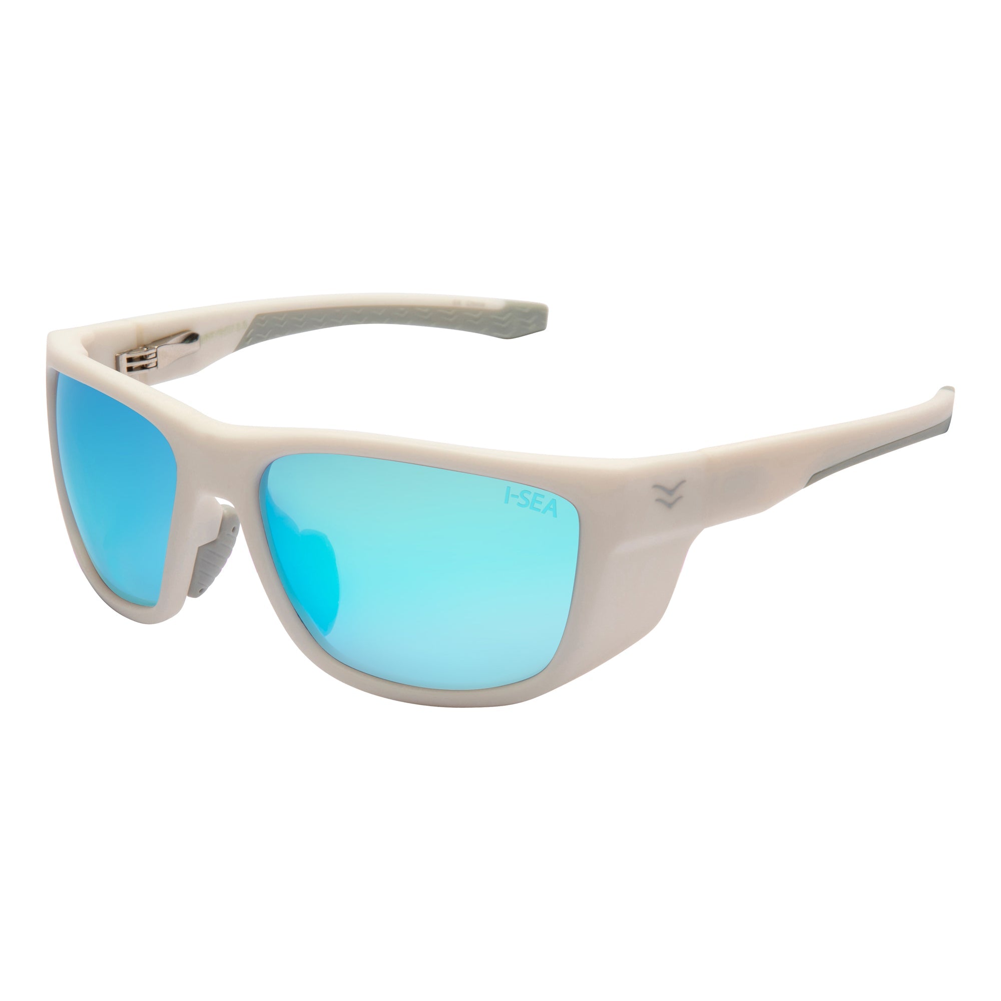 White sunglasses with blue lenses on a white background.
WHITE RUBBER / BLUE MIRROR POLARIZED LENS
