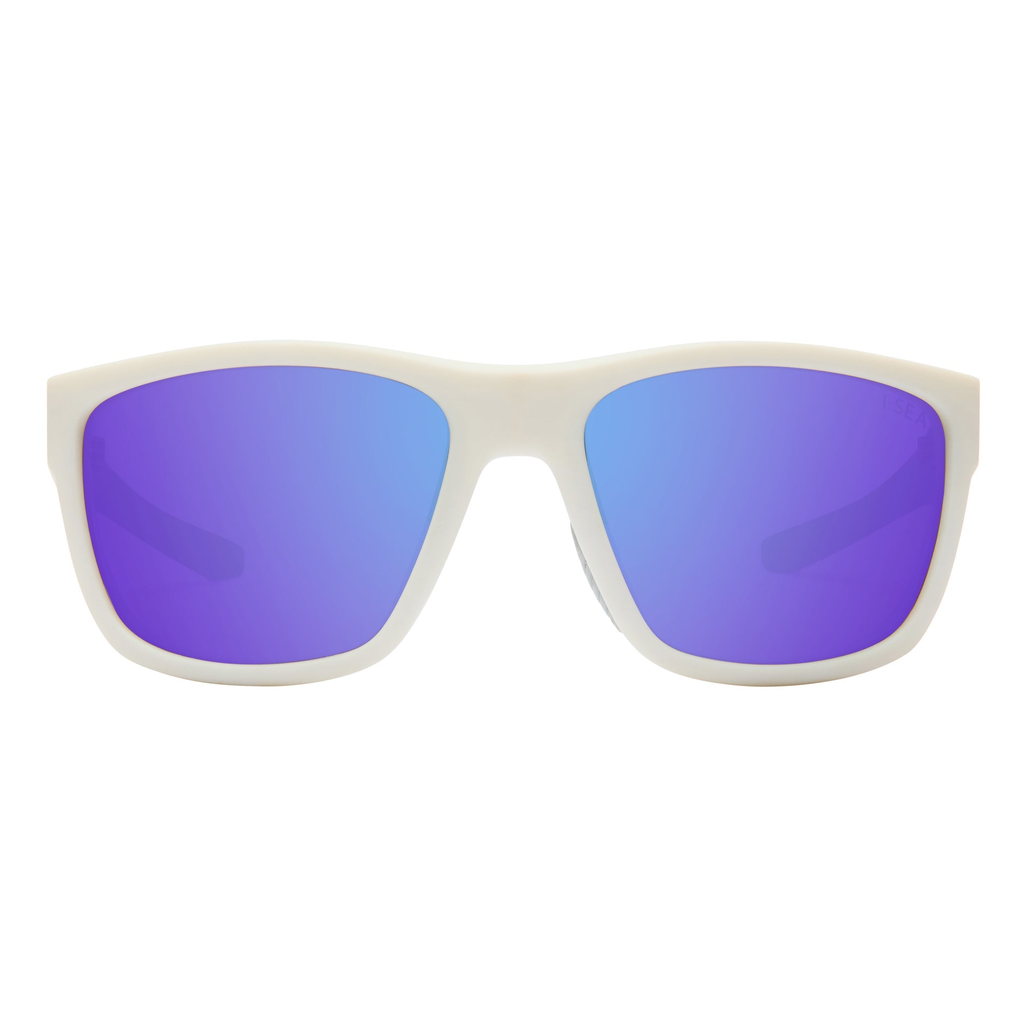 Sunglasses with white frame and blue-tinted lenses on a white background.
WHITE / PURPLE MIRROR POLARIZED LENS