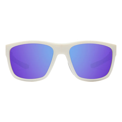 Sunglasses with white frame and blue-tinted lenses on a white background.
WHITE / PURPLE MIRROR POLARIZED LENS