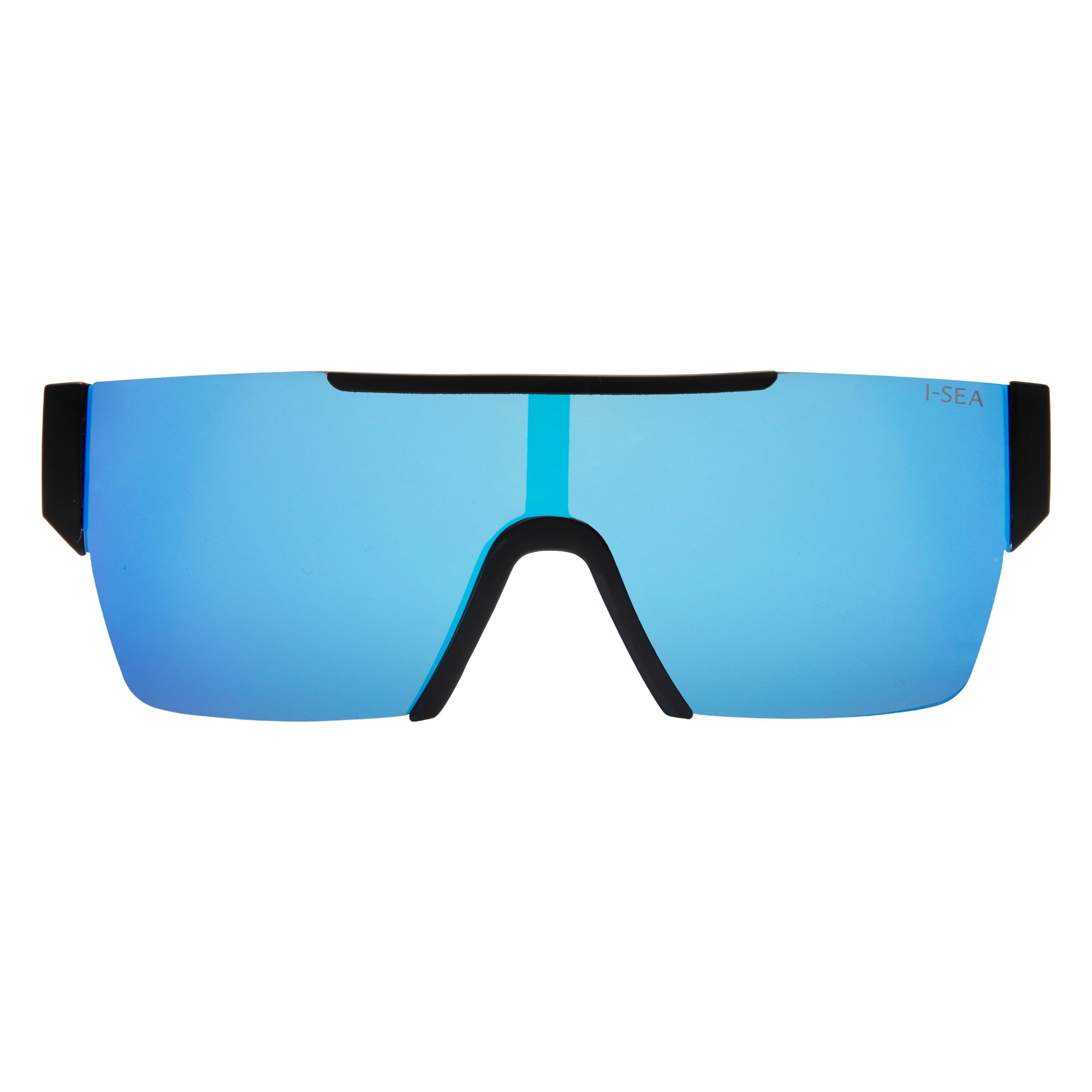 Sunglasses with blue reflective lenses and black frames on a white background.
BLACK / BLUE MIRROR POLARIZED LENS