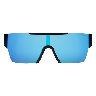 Sunglasses with blue reflective lenses and black frames on a white background.
BLACK / BLUE MIRROR POLARIZED LENS