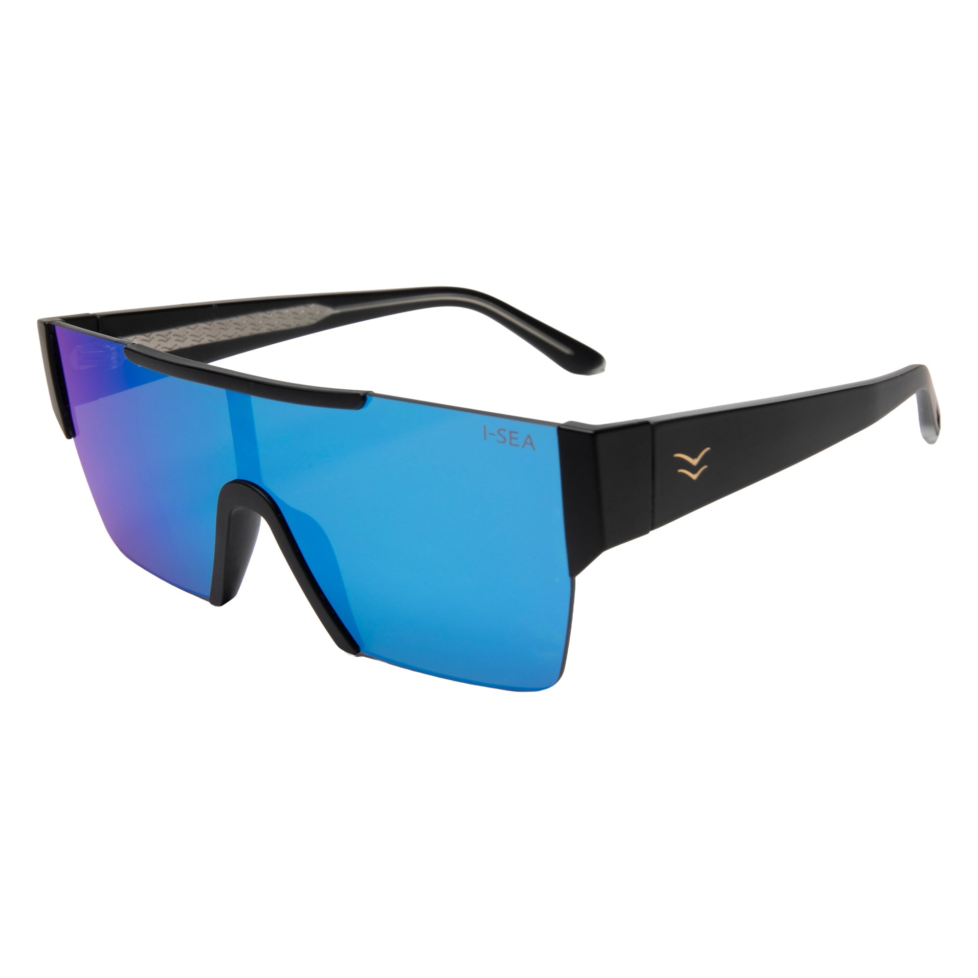 Sunglasses with blue lenses and black frame on a white background.
BLACK / BLUE MIRROR POLARIZED LENS