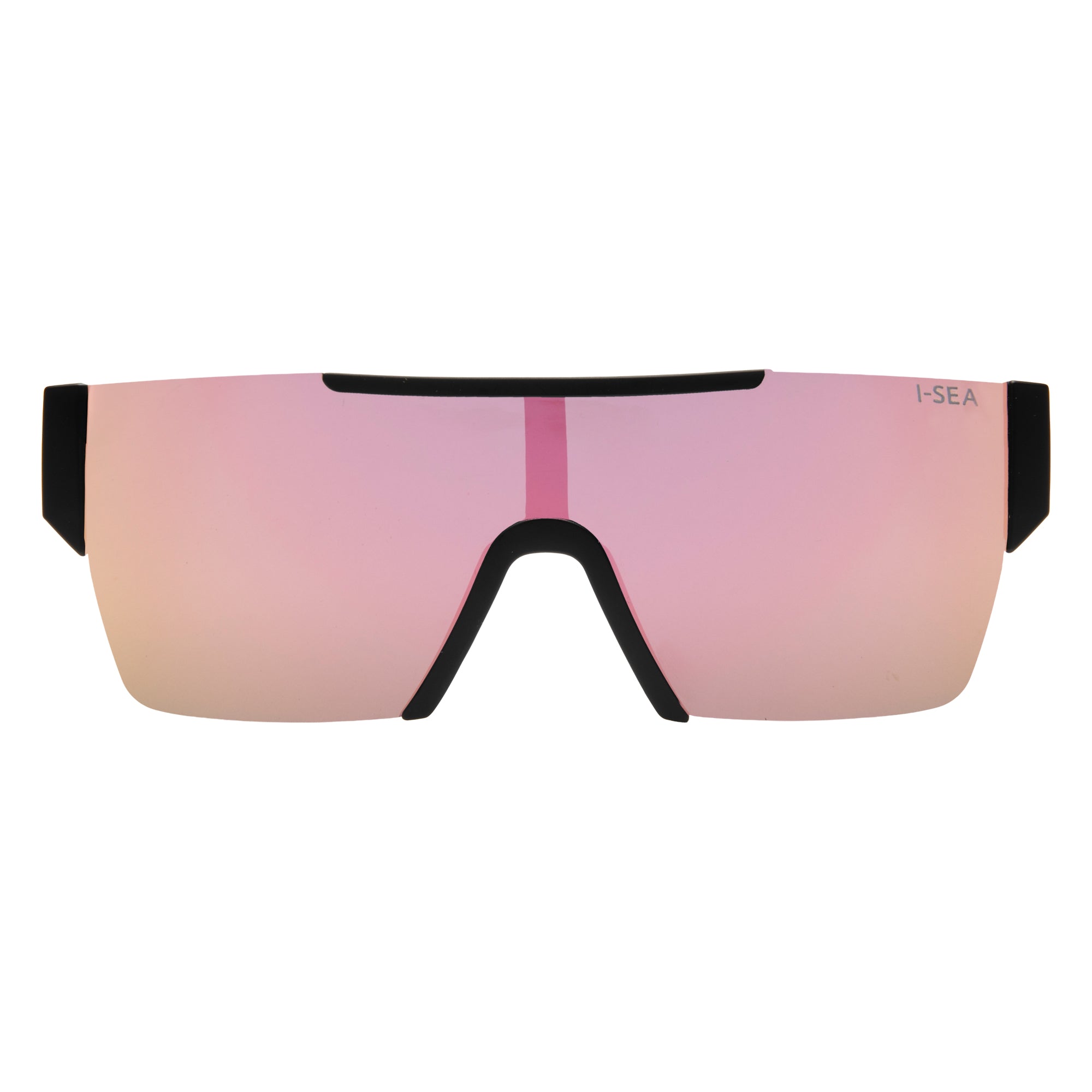 Sunglasses with pink lenses and black frames on a white background.
BLACK / ROSE GOLD MIRROR LENS