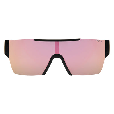Sunglasses with pink lenses and black frames on a white background.
BLACK / ROSE GOLD MIRROR LENS