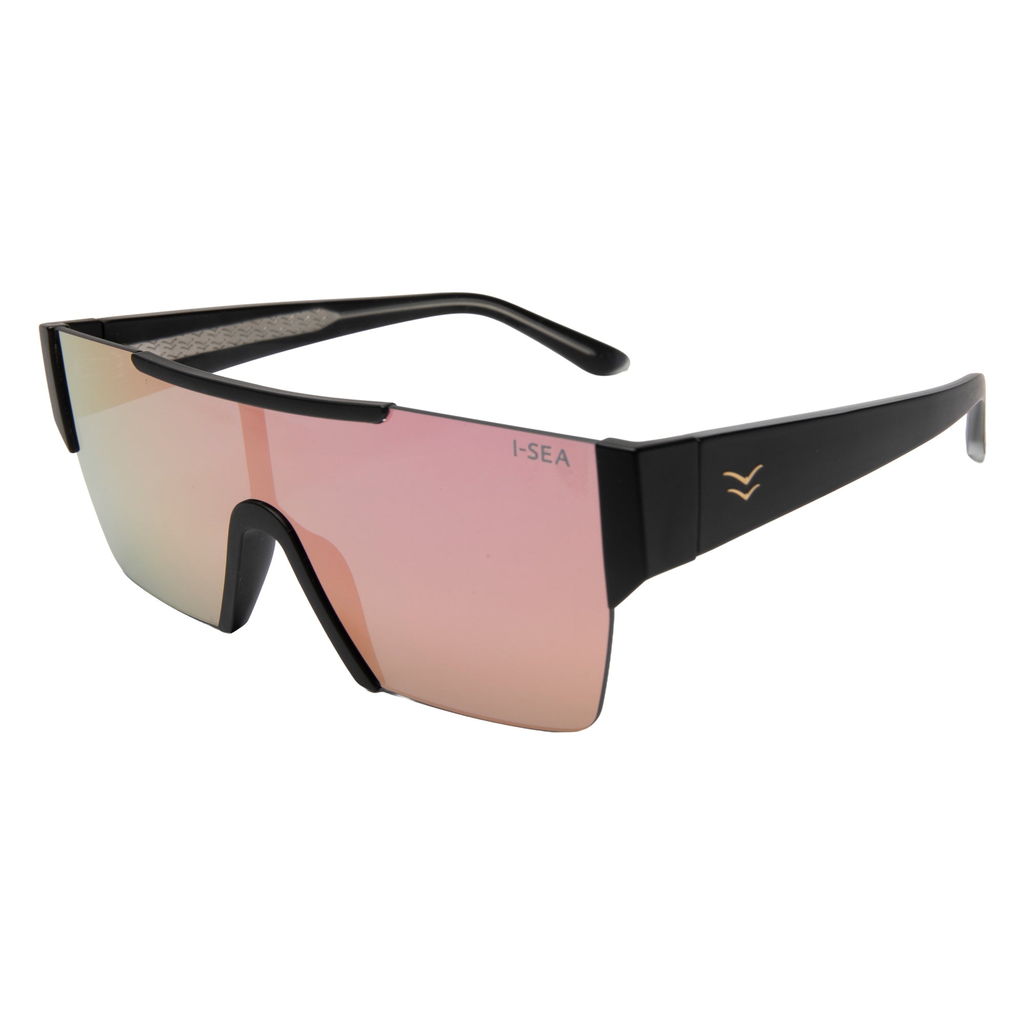 Sunglasses with black frame and pink-tinted lenses on a white background.
BLACK / ROSE GOLD MIRROR LENS
