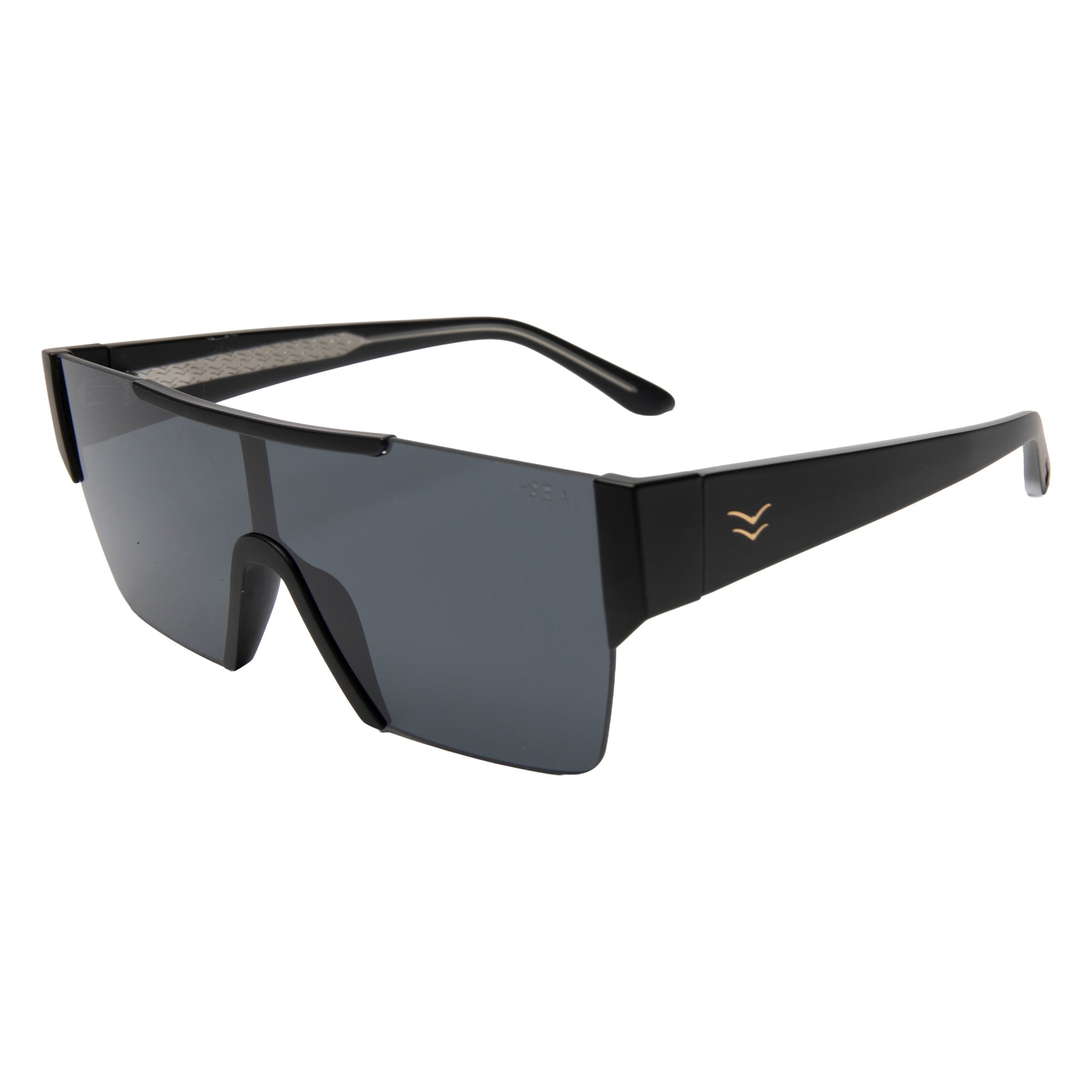 Black sunglasses with a logo on a white background.
BLACK / SMOKE POLARIZED LENS