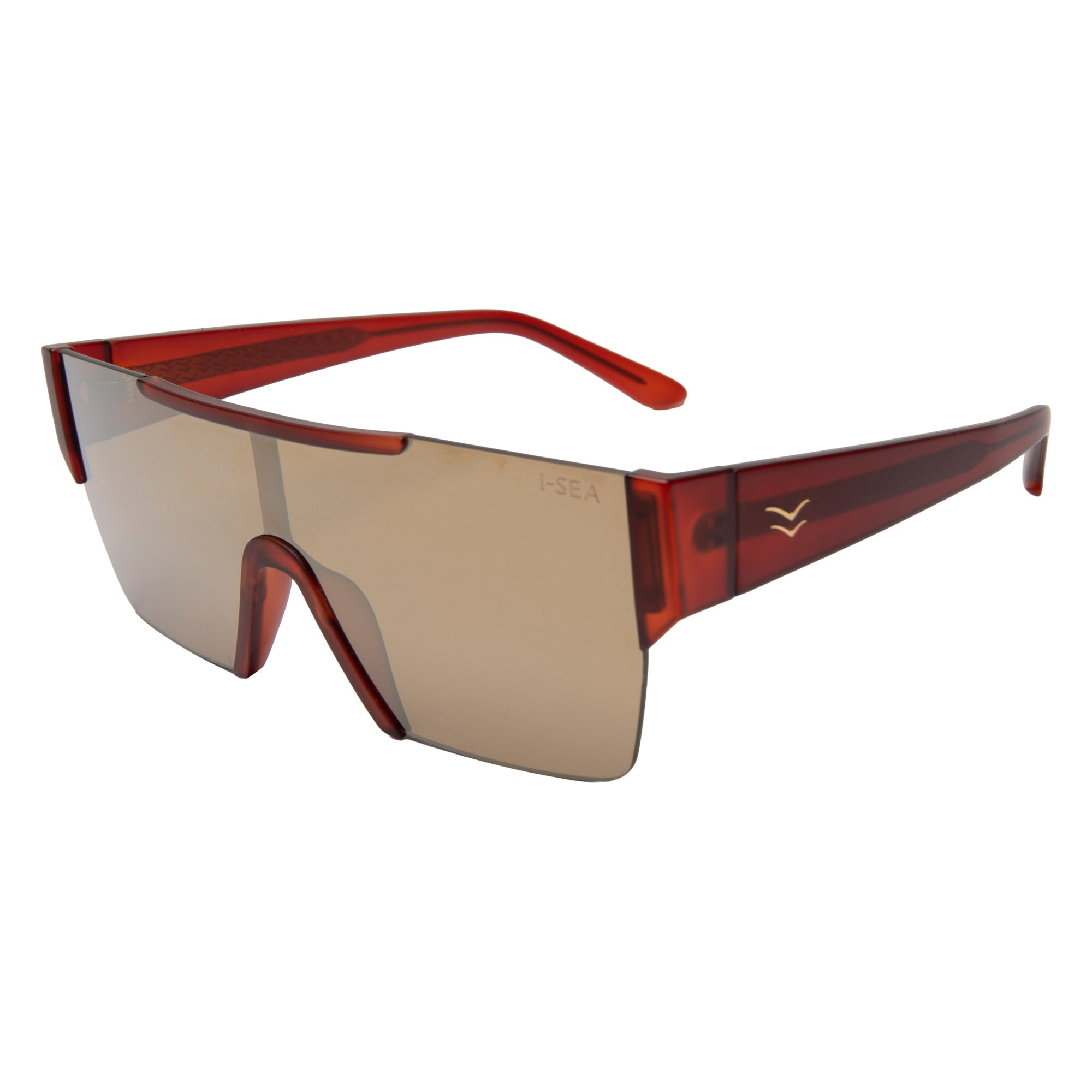 Sunglasses with red frame and brown lenses on a white background.
COLA / COPPER MIRROR POLARIZED LENS