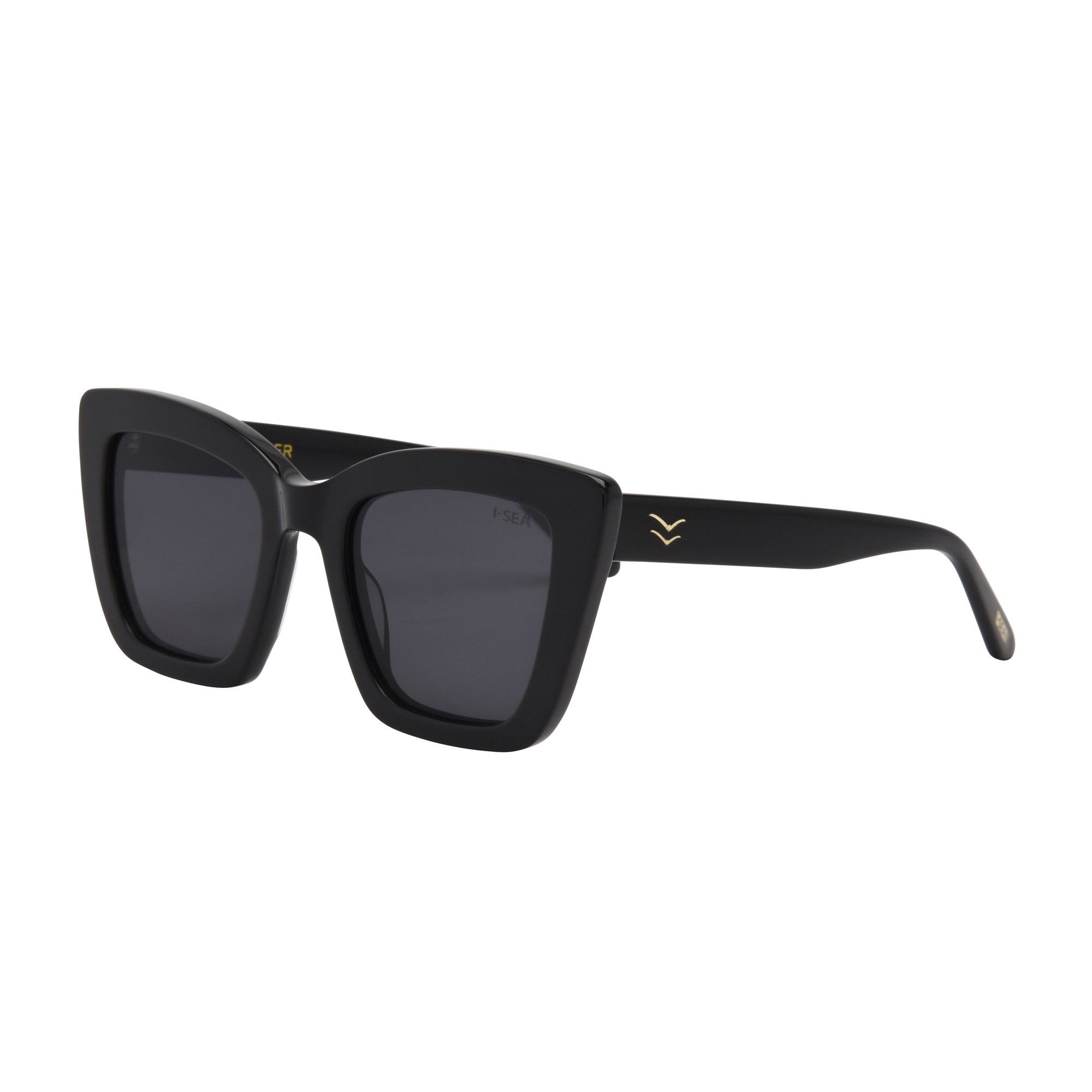 Black sunglasses with a gold logo on a white background.
BLACK / SMOKE POLARIZED LENS