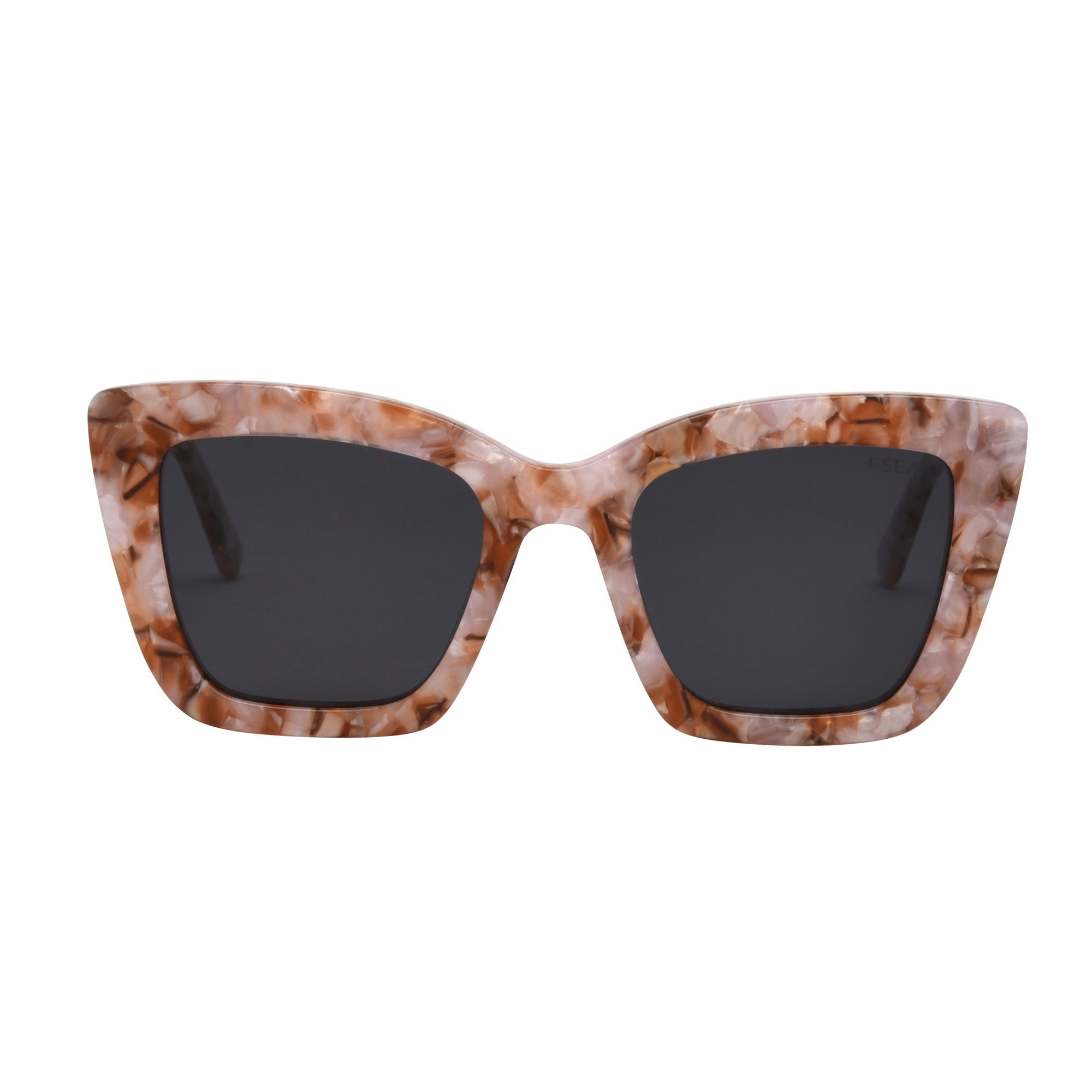 Sunglasses with tortoiseshell frame and dark lenses on a white background.
BUBBLE GUM / SMOKE POLARIZED LENS