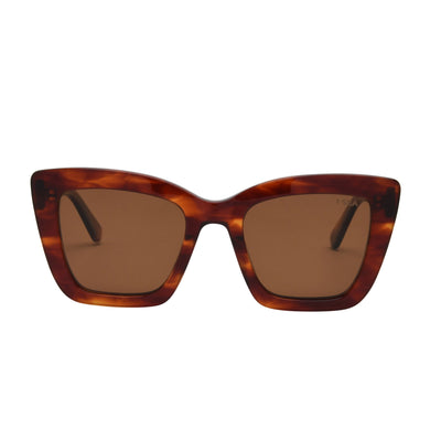 Tortoiseshell sunglasses with brown lenses on a white background.
AMBER / BROWN POLARIZED LENS