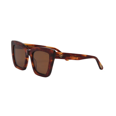 Black sunglasses with a white background.
AMBER / BROWN POLARIZED LENS