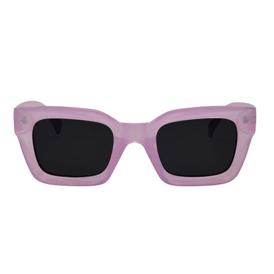 Pink sunglasses with black lenses on a white background.
LILAC / SMOKE POLARIZED LENS