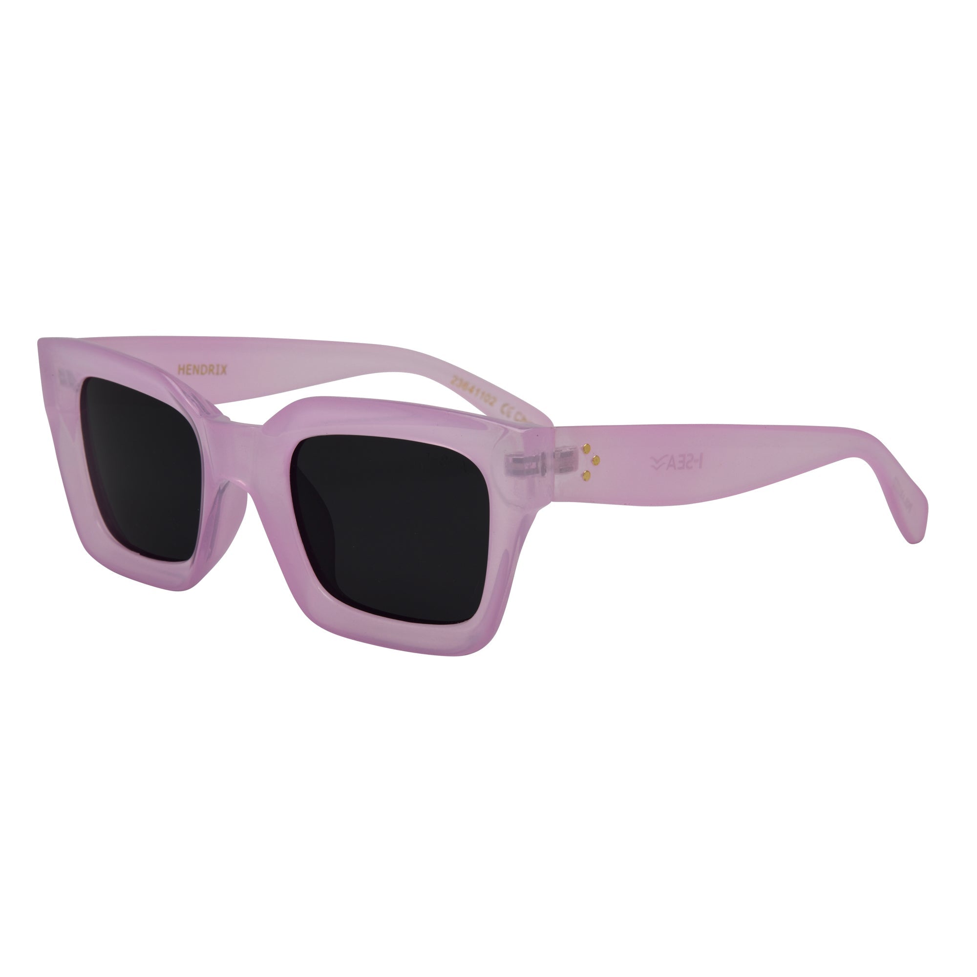 Pink sunglasses with black lenses on a white background.
LILAC / SMOKE POLARIZED LENS