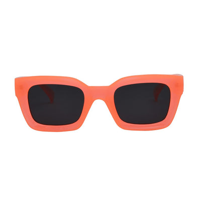 Orange sunglasses with black lenses on a white background.
ORANGE / SMOKE POLARIZED LENS