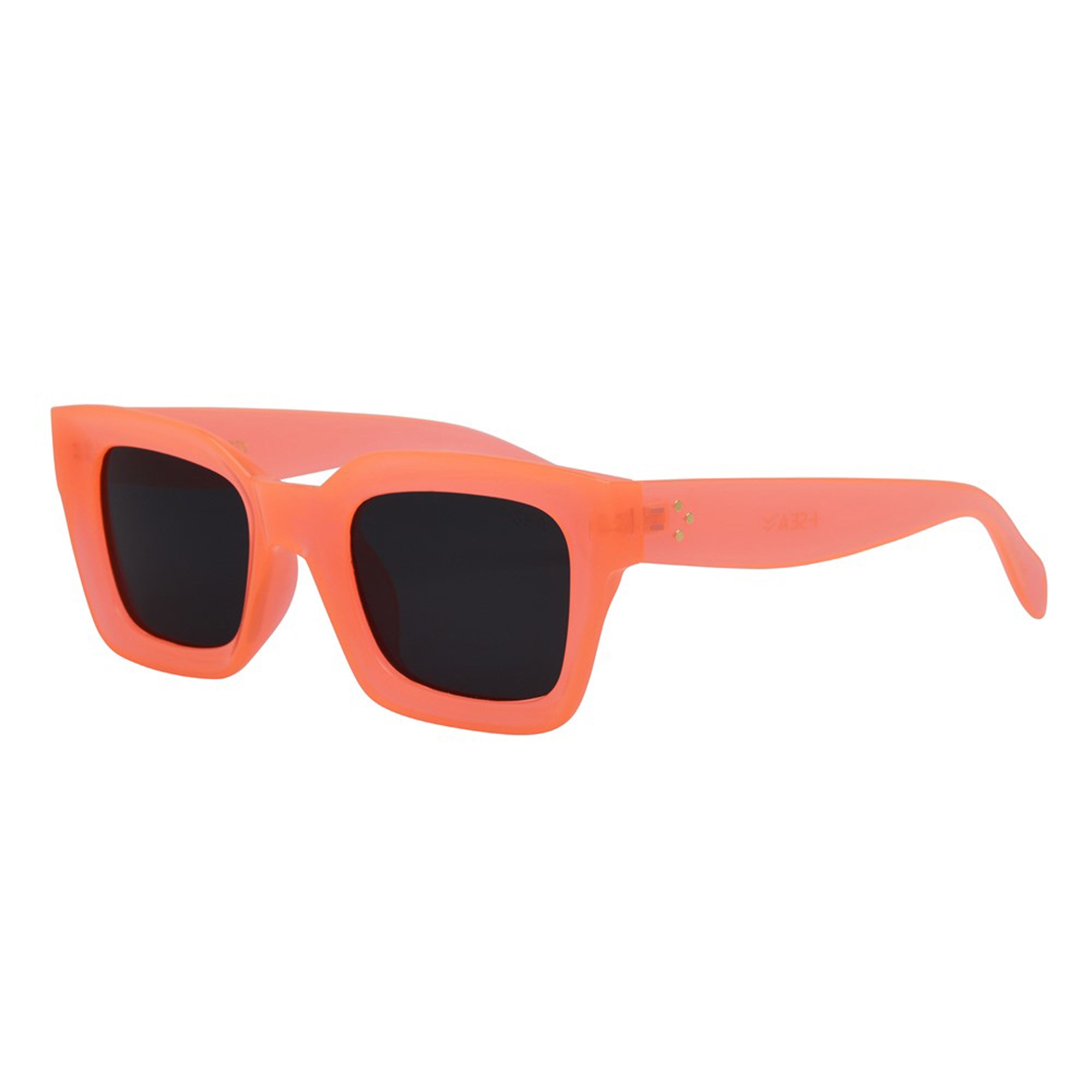 Orange sunglasses with black lenses on a white background.
ORANGE / SMOKE POLARIZED LENS