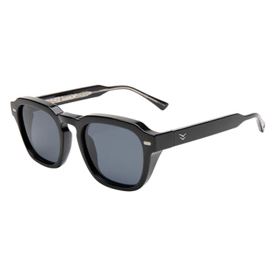 Black sunglasses with a brand logo on a white background.
BLACK / SMOKE POLARIZED LENS