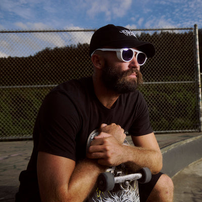 Man with a beard wearing sunglasses and a black cap, sitting with a skateboard at a skate park.