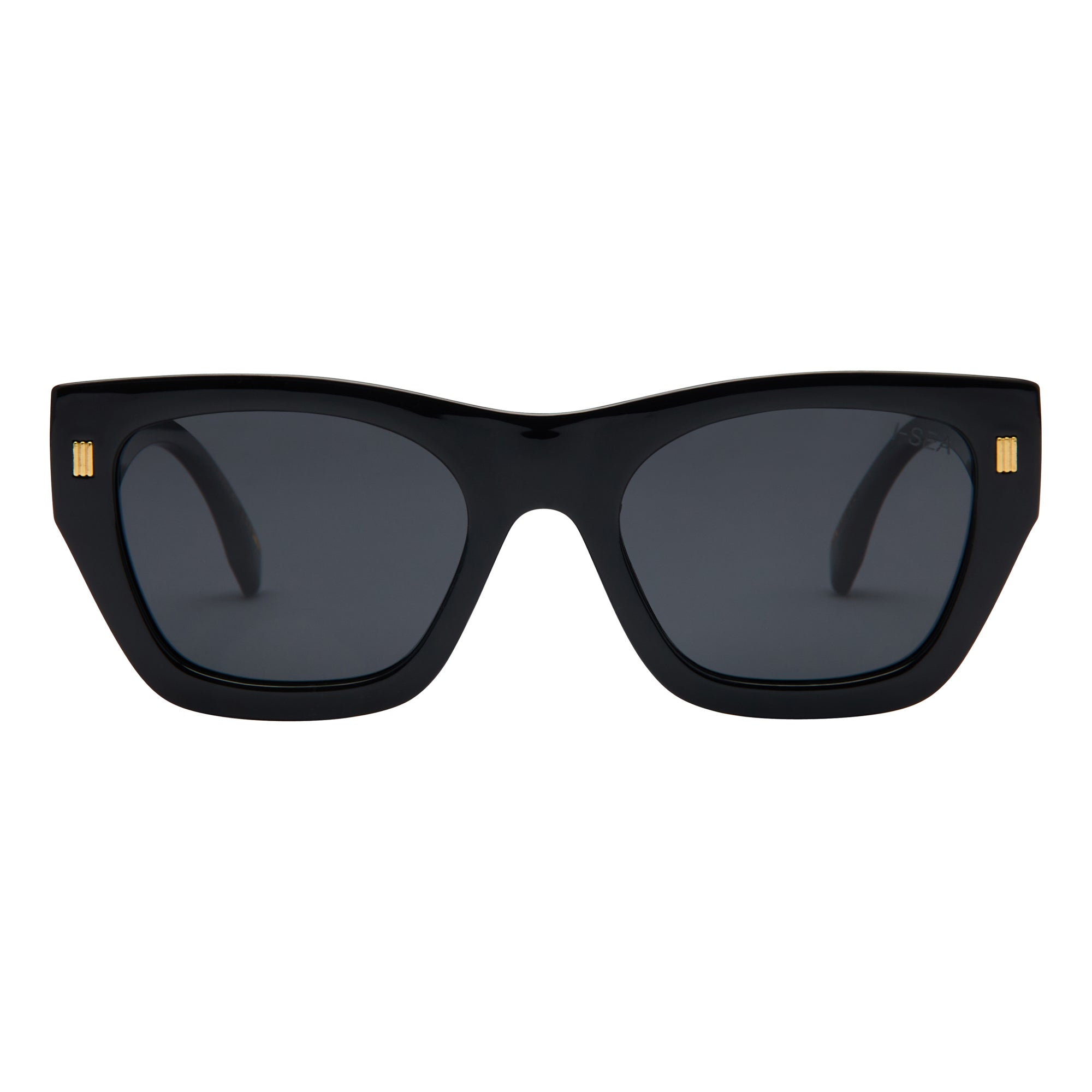 Black sunglasses with gold accents on a white background.
Option value
BLACK / SMOKE POLARIZED LENS
