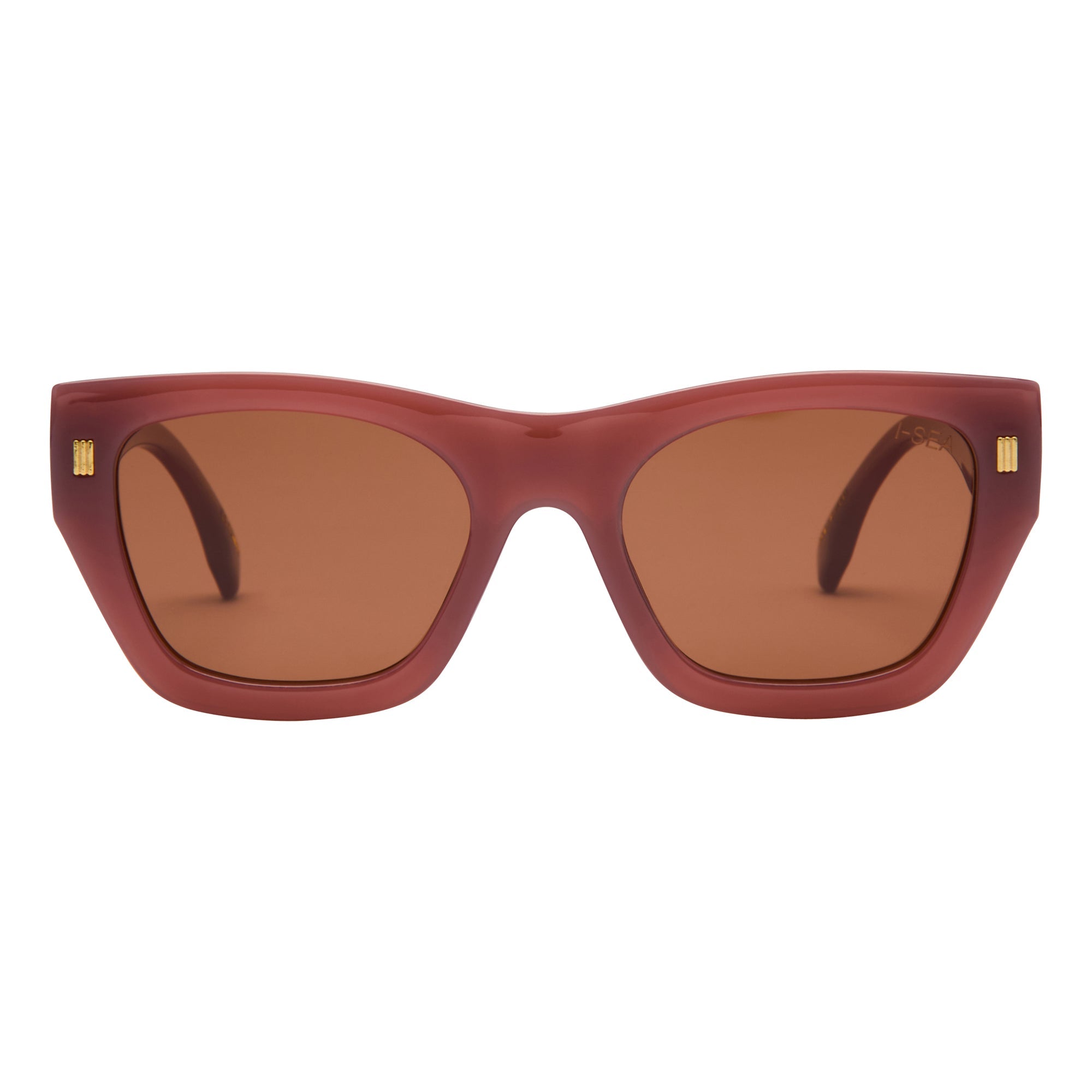 Red sunglasses with brown lenses on a white background.
DUSTY ROSE / BROWN POLARIZED LENS