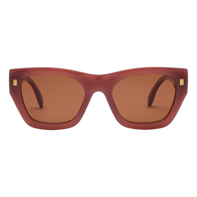 Red sunglasses with brown lenses on a white background.
DUSTY ROSE / BROWN POLARIZED LENS