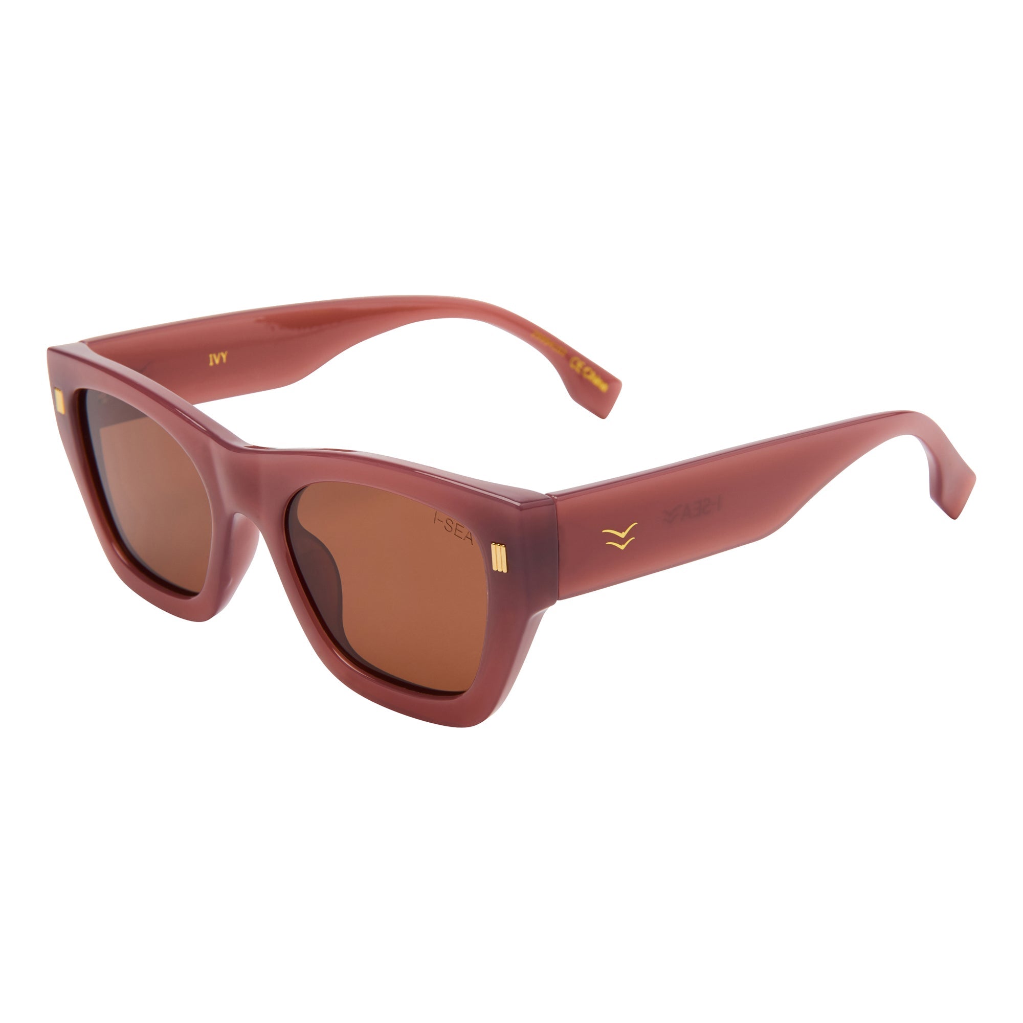 Red sunglasses with brown lenses on a white background.
DUSTY ROSE / BROWN POLARIZED LENS