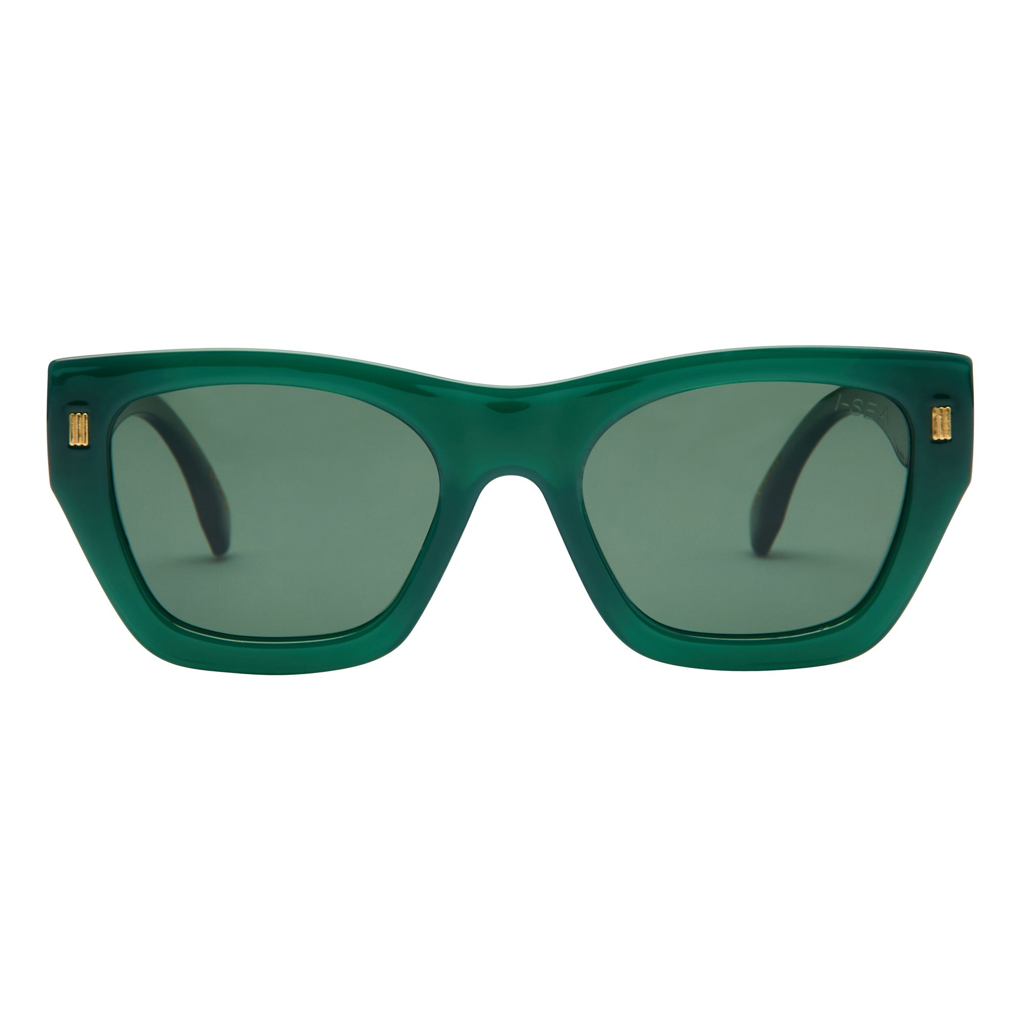 Green sunglasses with a gold logo on a white background.
KALE / GREEN POLARIZED LENS