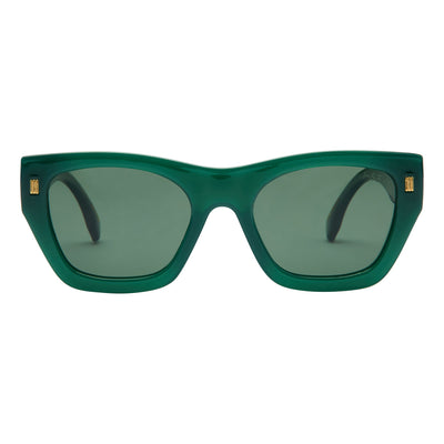 Green sunglasses with a gold logo on a white background.
KALE / GREEN POLARIZED LENS