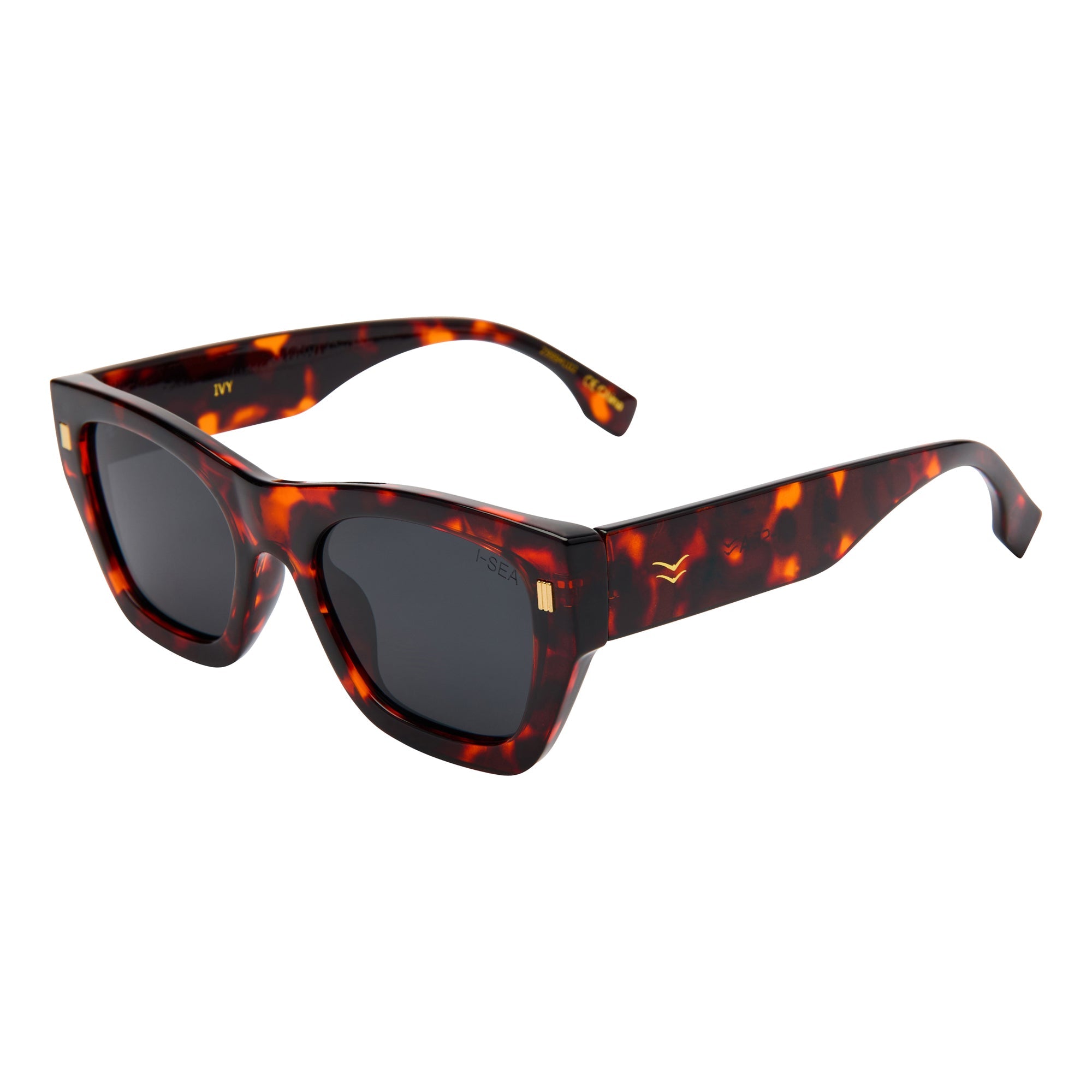 Sunglasses with tortoiseshell frame and dark lenses on a white background.
TORT / SMOKE POLARIZED LENS